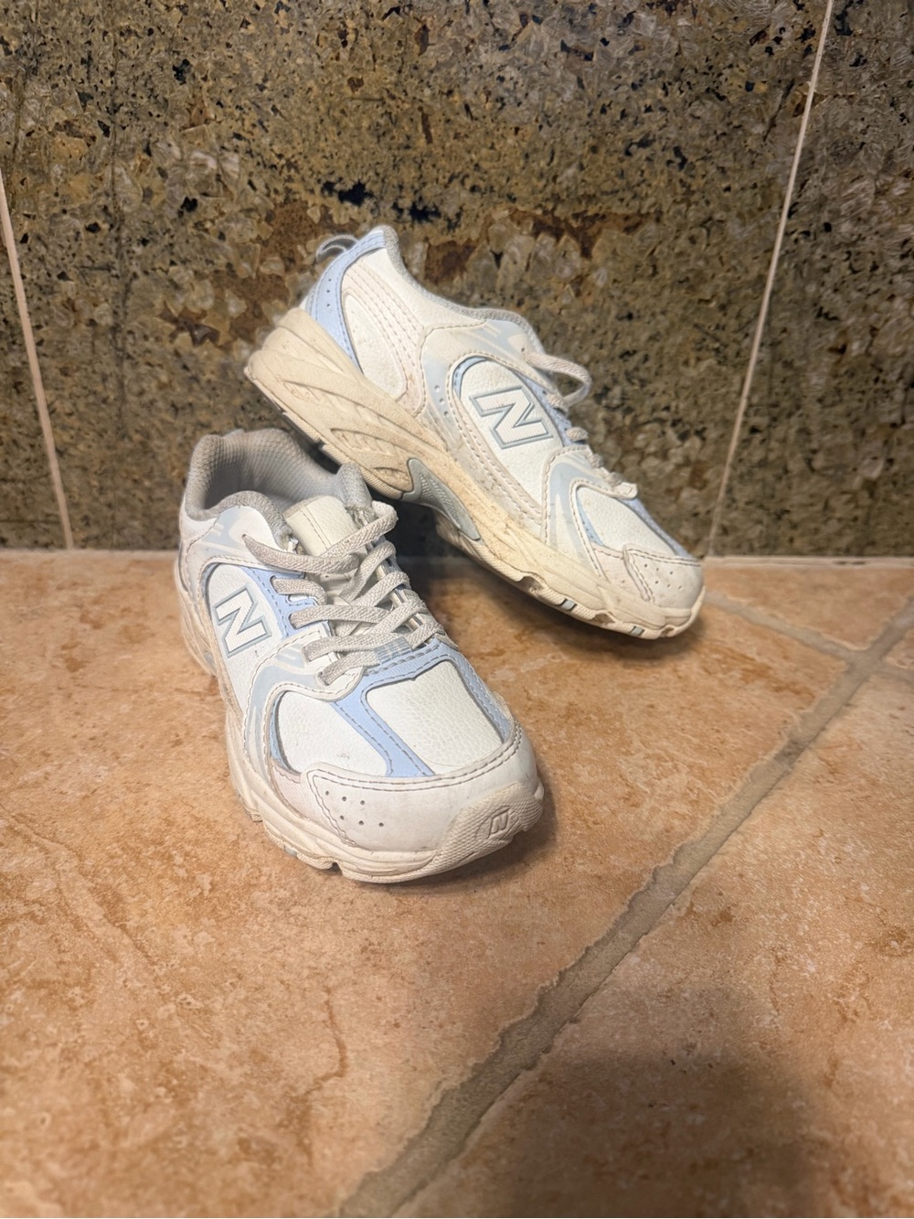 New Balance Kids White and Light Blue Sneakers size 11 slip on